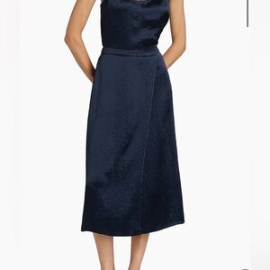 NWT! Vince Womens Size 8 • Navy Blue Satin Beaded Border Front Slit Midi Skirt.